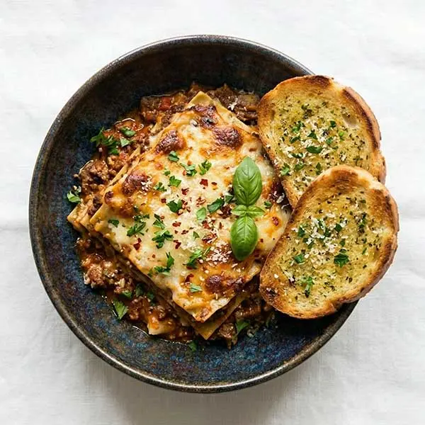 Classic Beef Lasagna With Toasted Herb Garlic Bread